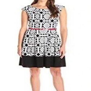 New Tiana B Black and White Cap-Sleeve Belted Fit-and-Flare Dress Plus Size 22w